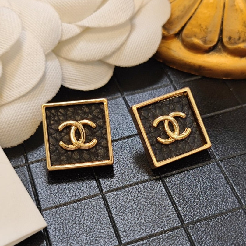 18K  Chanel Black Square Earrings