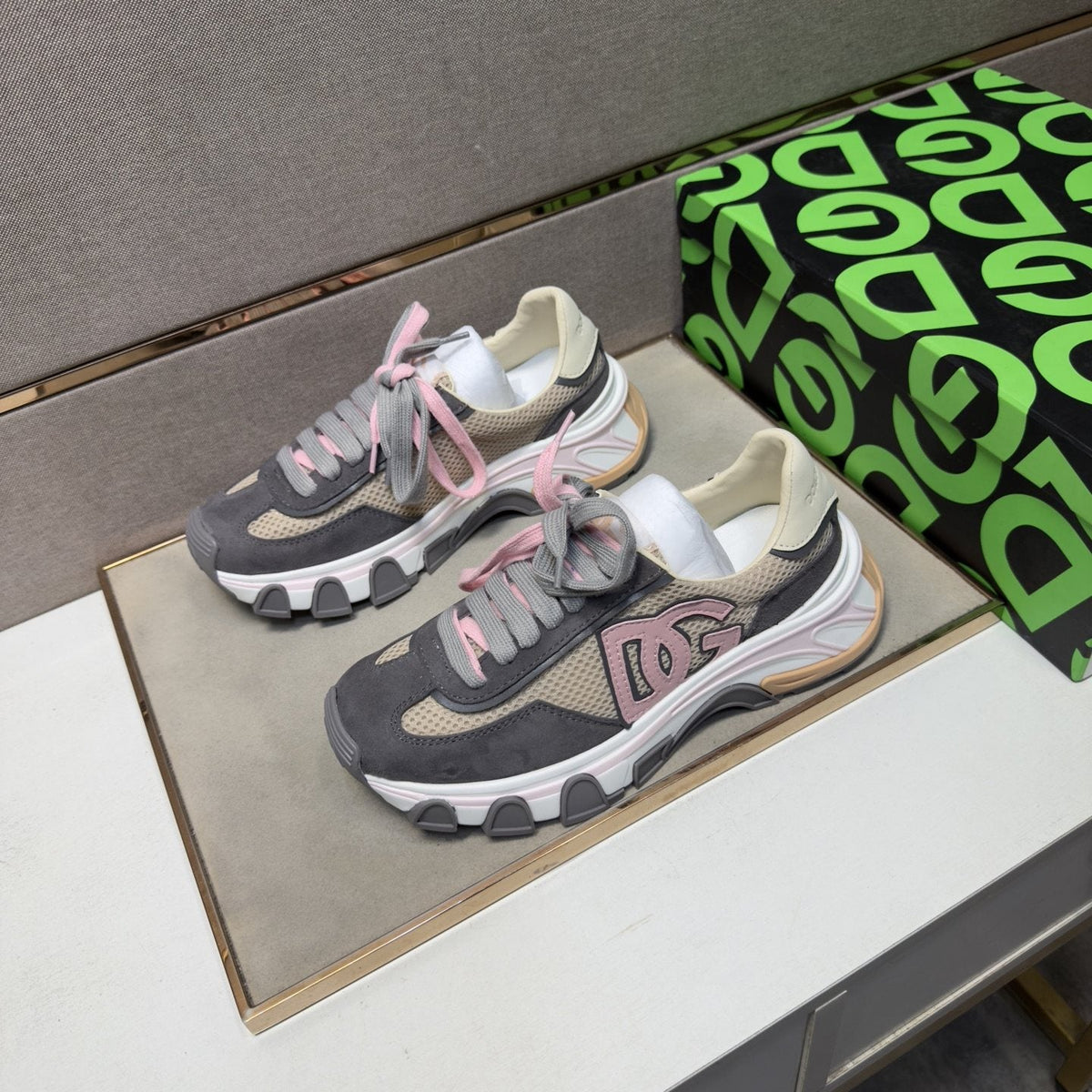 Dolce & Gabbana Gray, Cream and Pink Sneakers — front