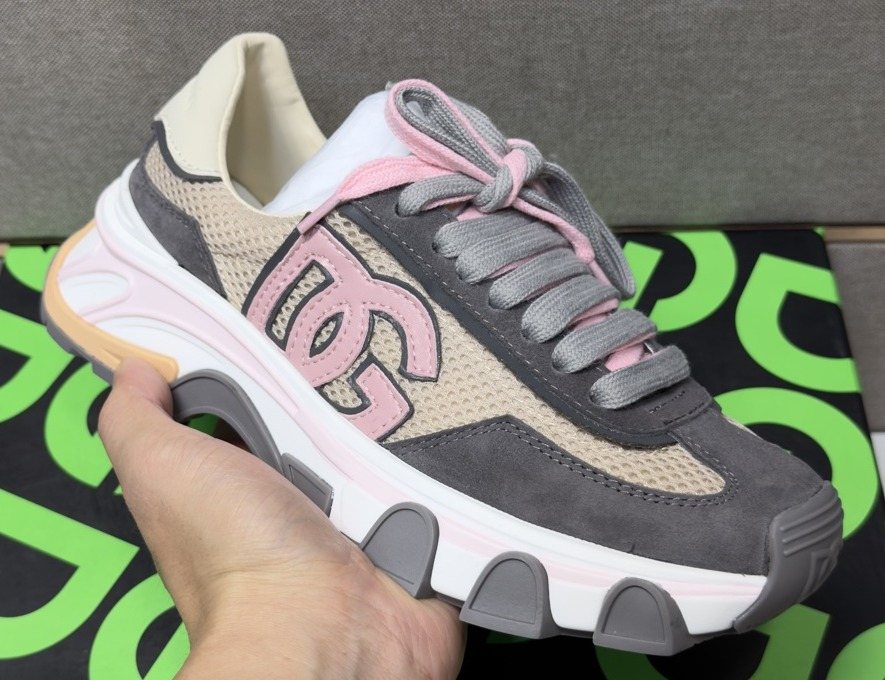 Dolce & Gabbana Gray, Cream and Pink Sneakers — front