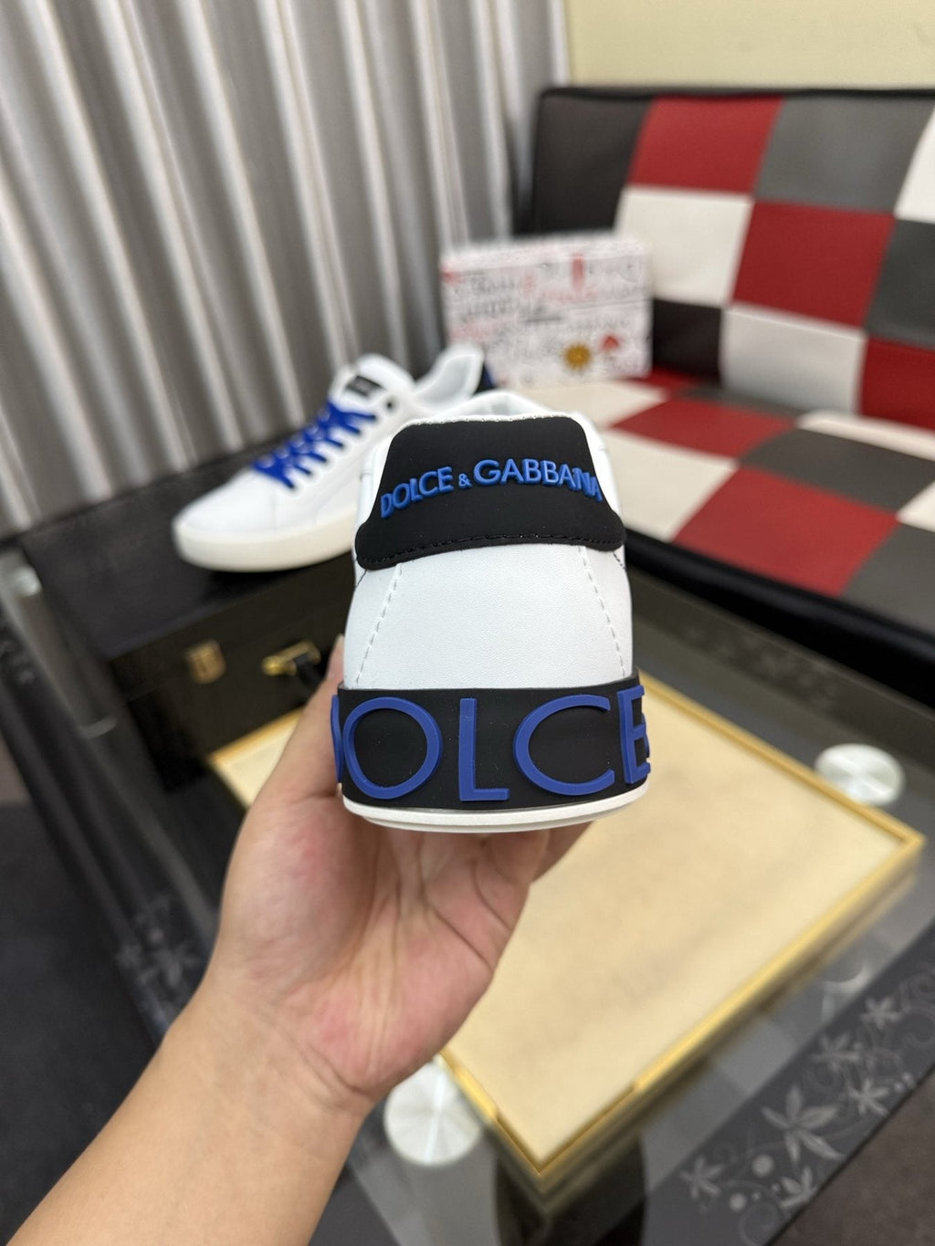 Dolce & Gabbana White Low-Top Sneakers with Blue Laces — back