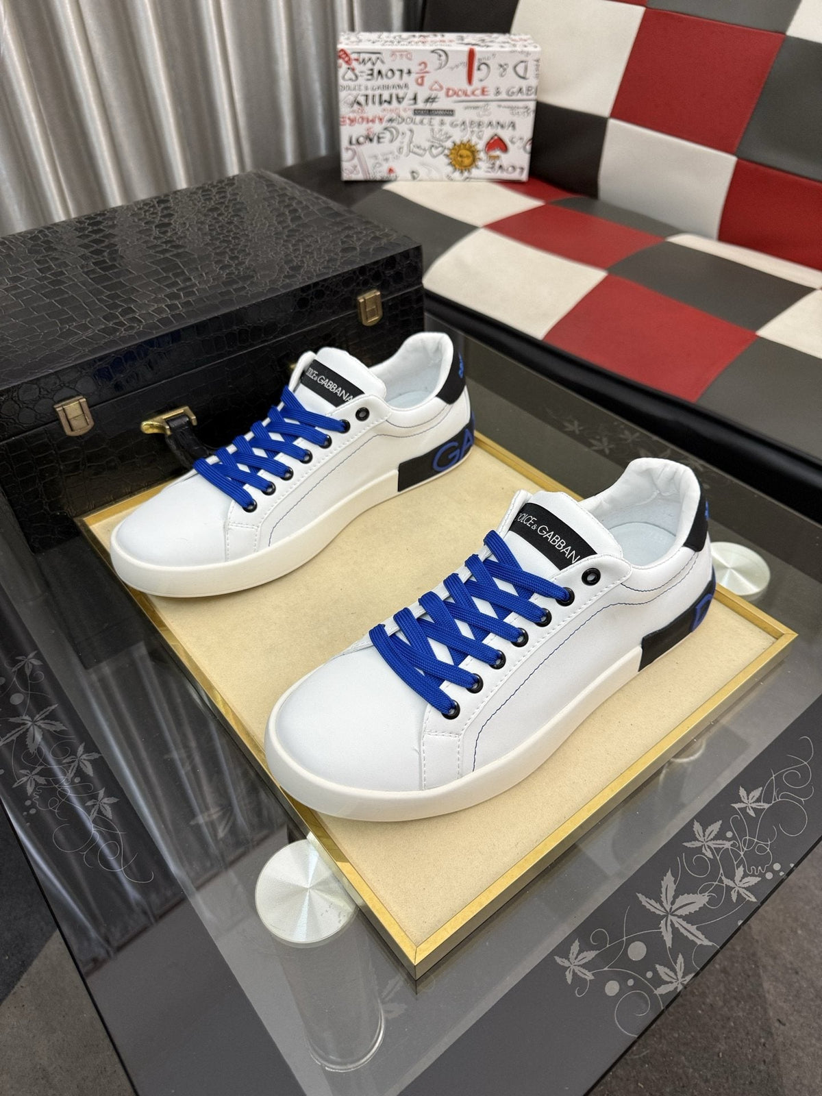 Dolce & Gabbana White Low-Top Sneakers with Blue Laces — hero