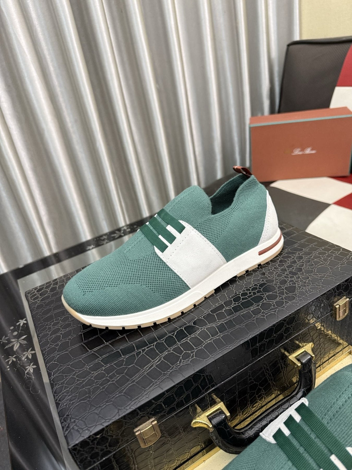 Men's Teal Green Slip-On Sneakers with White Band — front