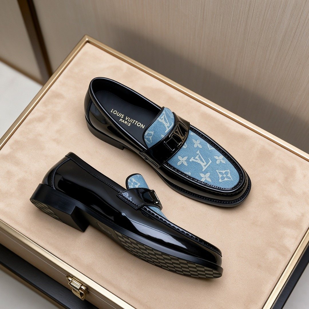 Louis Vuitton Black Loafers with Blue Patterned Vamps — front