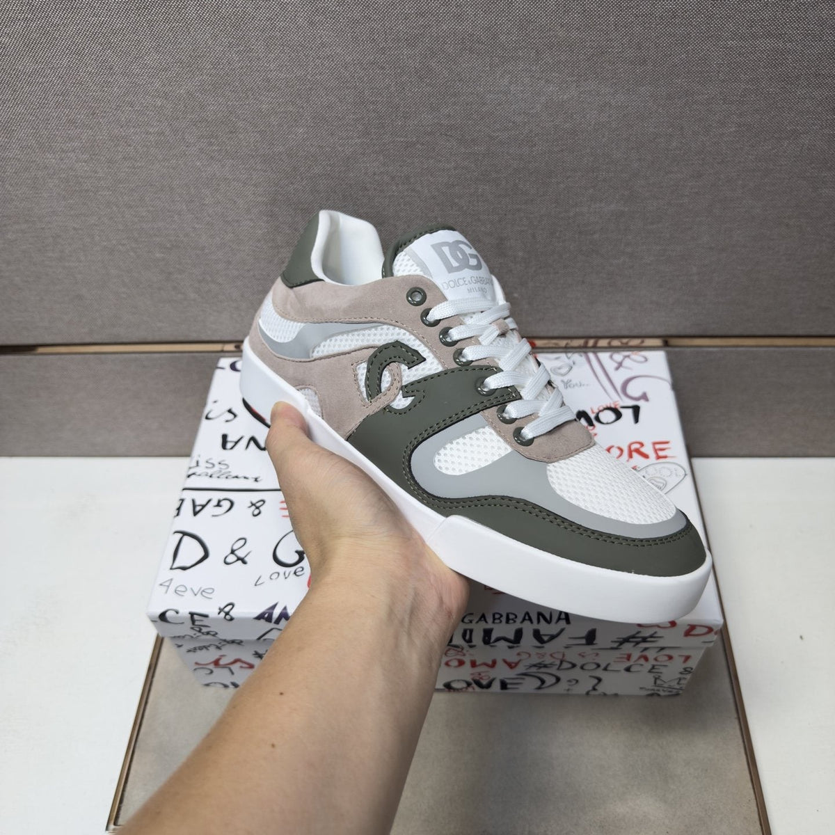Dolce & Gabbana White, Olive & Taupe Sneakers — model