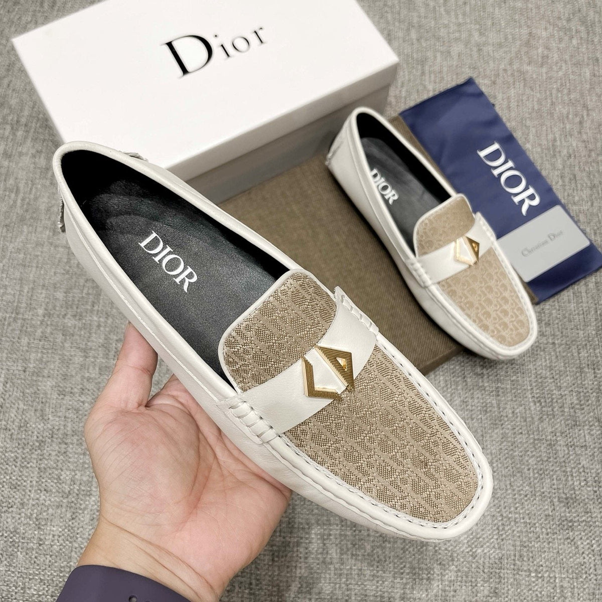 Dior Cream and Beige Patterned Loafers — model