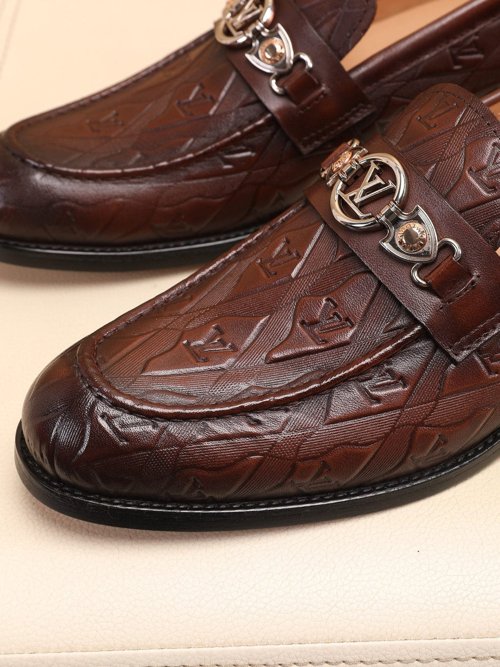 Louis Vuitton Dark Brown Embossed Loafers — detail