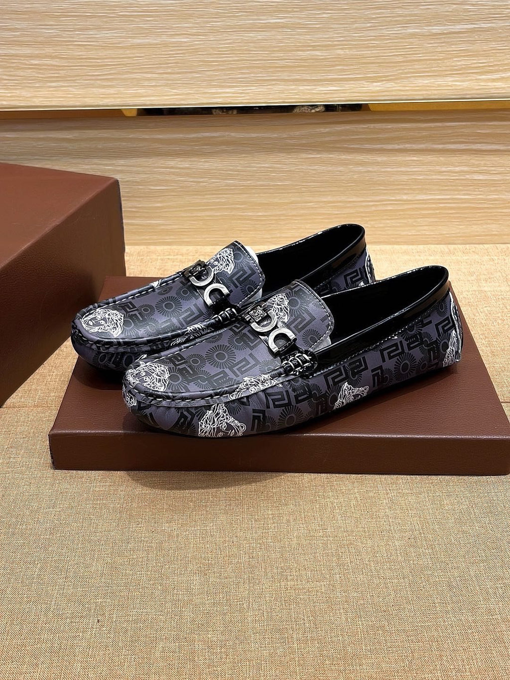 Versace Black and Gray Patterned Loafers — front