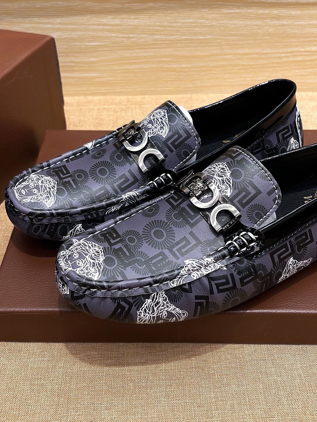 Versace Black and Gray Patterned Loafers — front