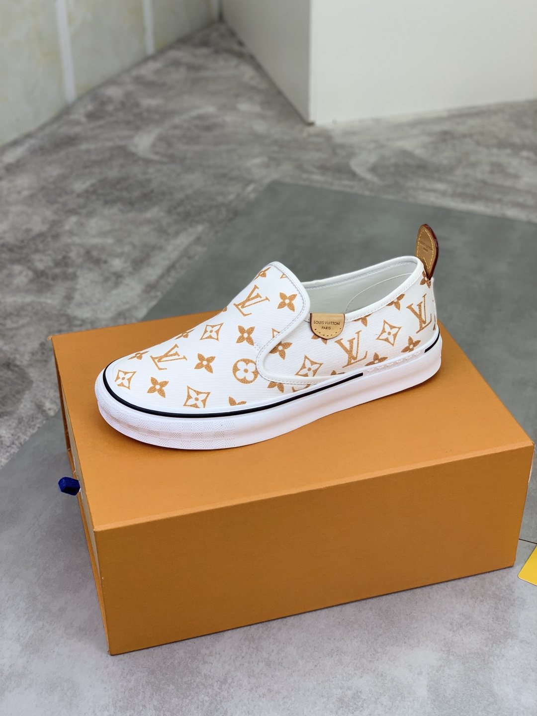 Louis Vuitton White Printed Slip-On Shoes — side