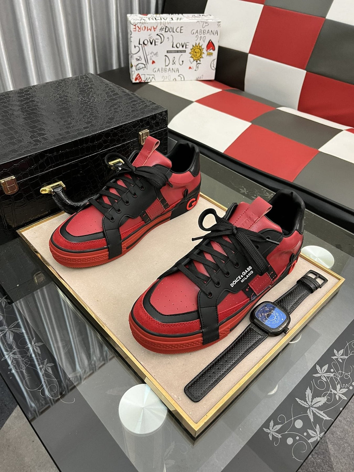 Dolce & Gabbana Red and Black Panel Sneakers — front