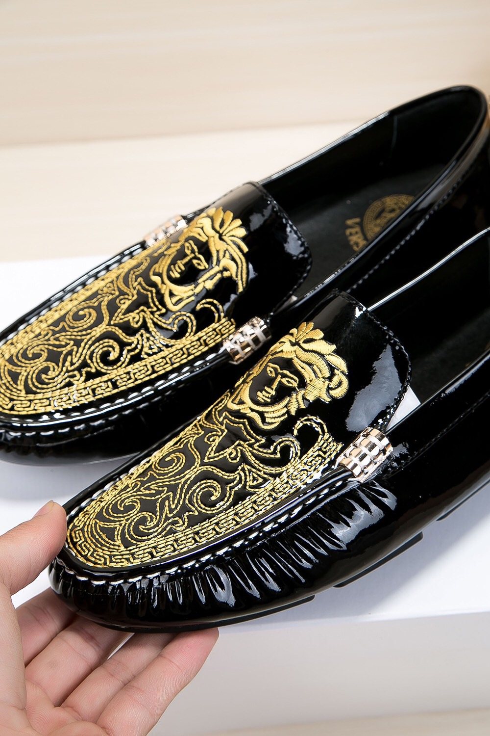 Versace Black Loafers with Gold Embroidery — detail