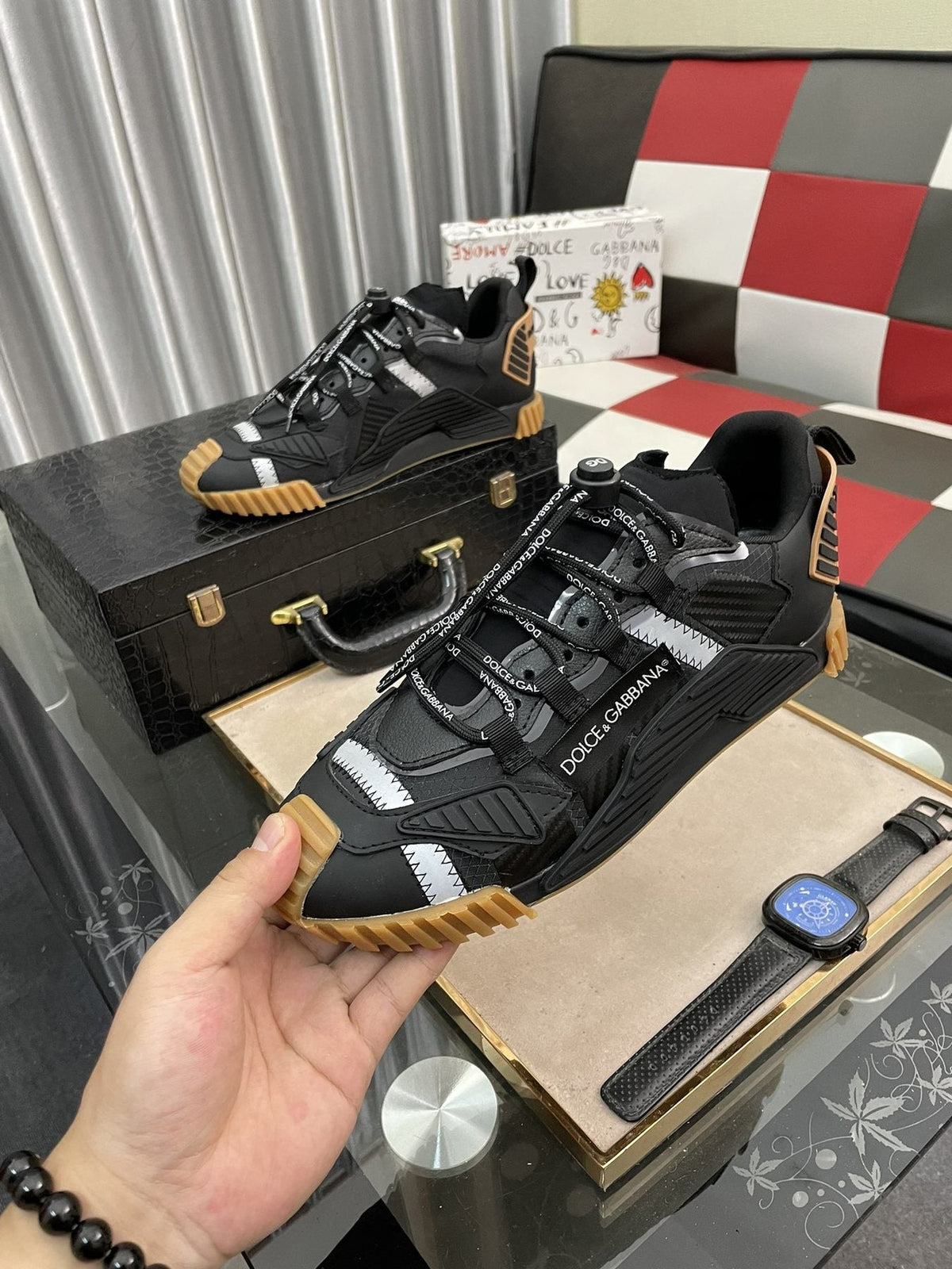 Dolce & Gabbana Black and Gray Lace-Up Sneakers — model