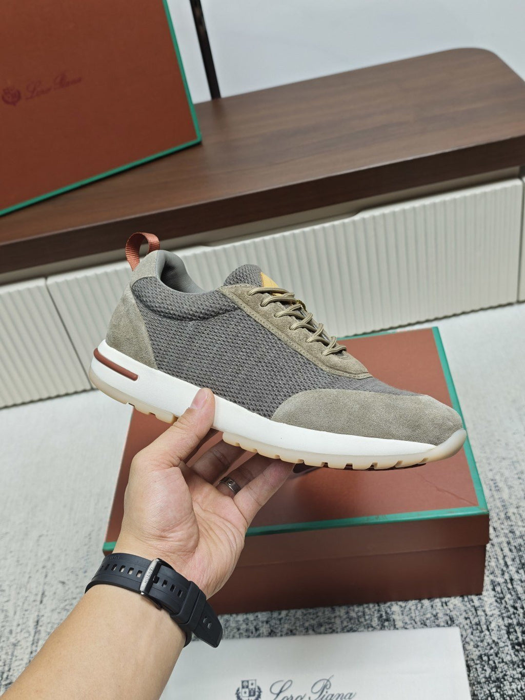 Loro Piana Gray Taupe Lace-Up Sneakers — model