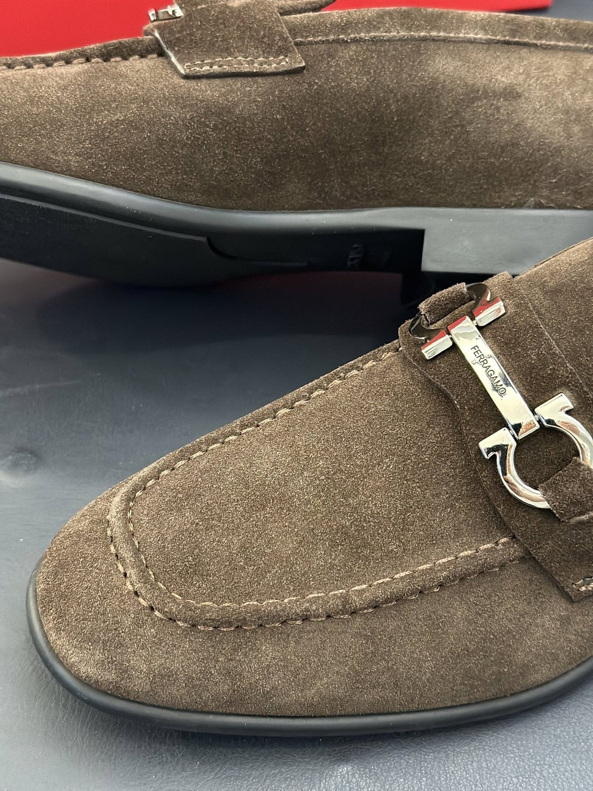 Ferragamo Brown Metal-Detail Loafers — detail