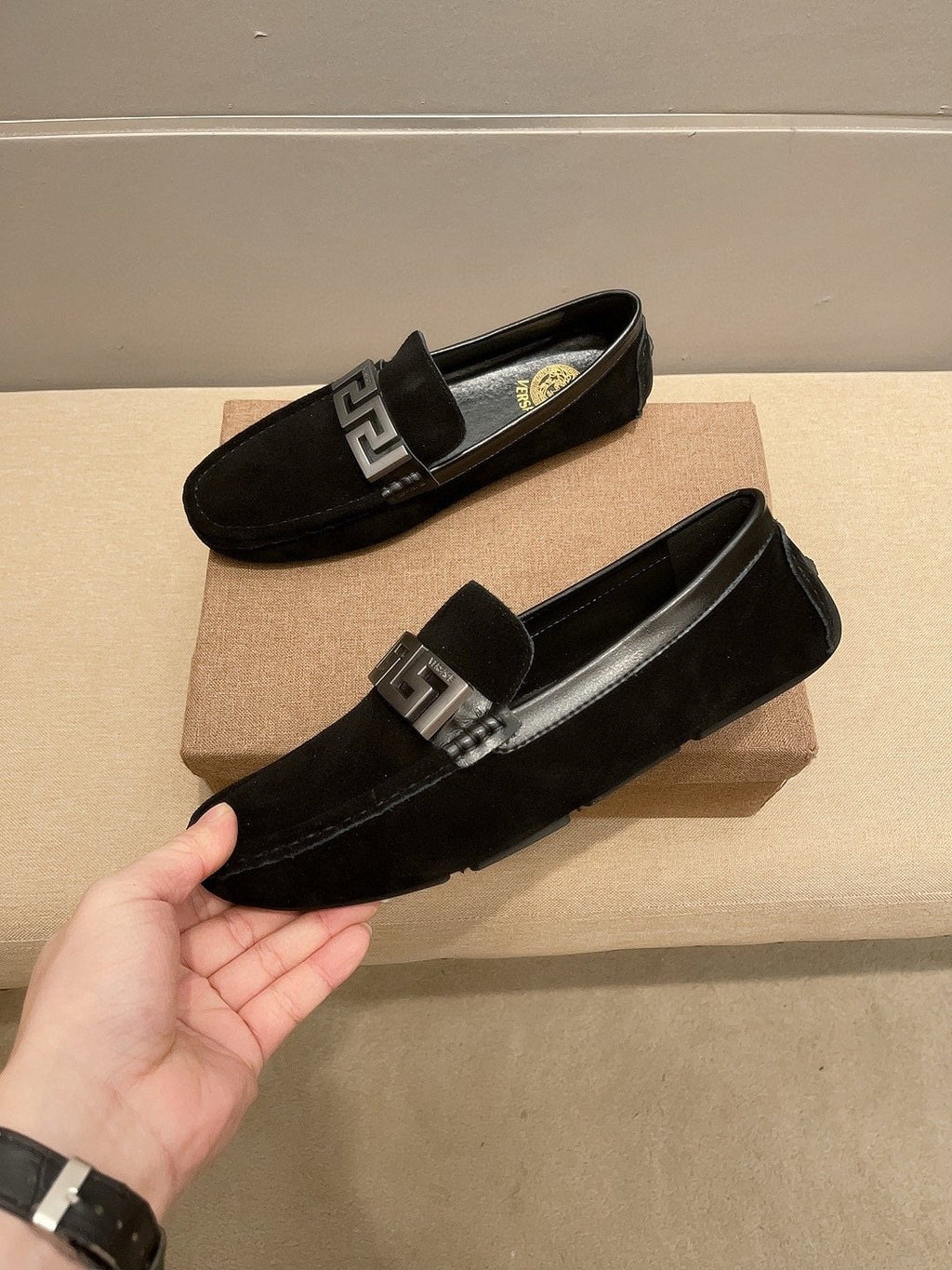 Versace Black Loafers with Silver-Tone Hardware — side