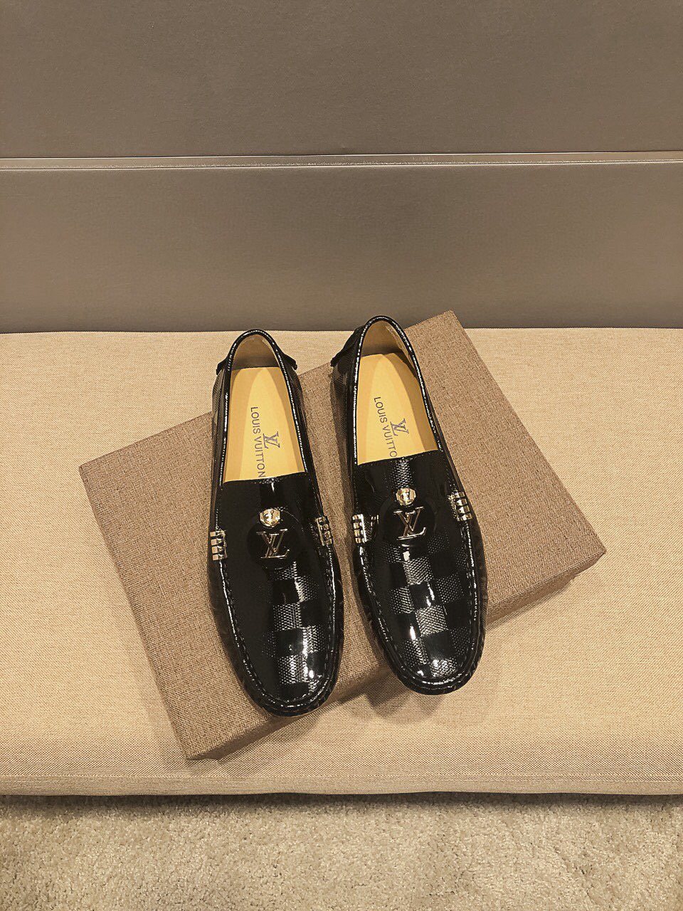 Louis Vuitton Black Checkerboard Loafers — front