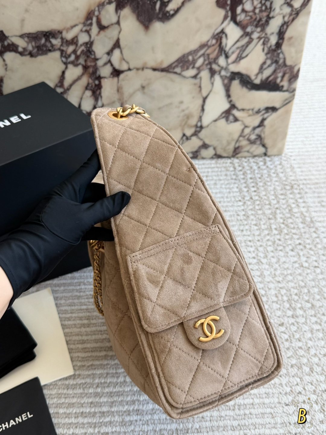 Chanel 25 Suede-Finish Quilted Hobo Bag — side