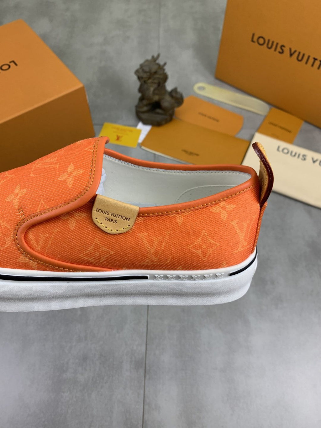 Louis Vuitton Orange Patterned Slip-On Shoes — detail