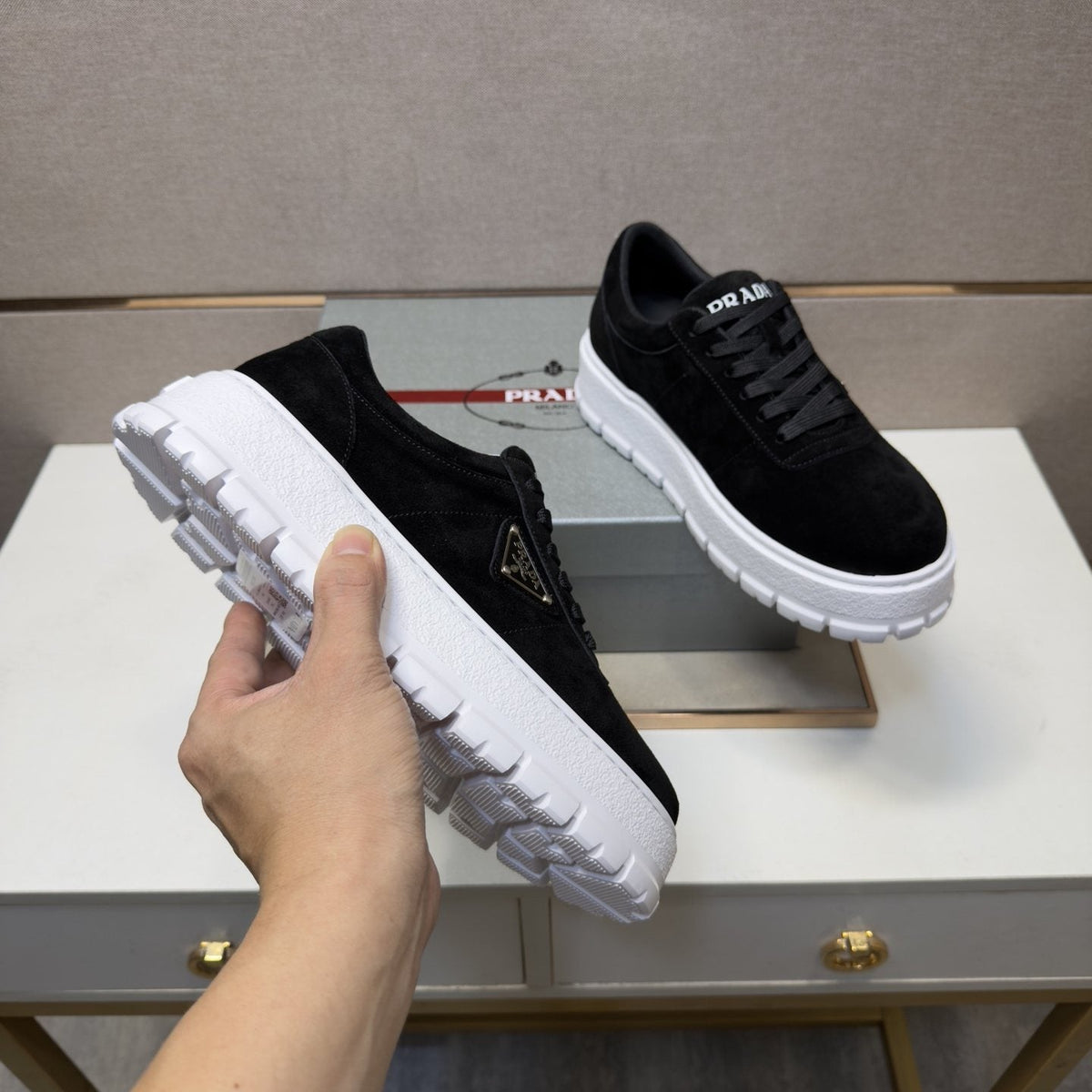 Prada Men's Paneled Chunky-Sole Sneakers — model