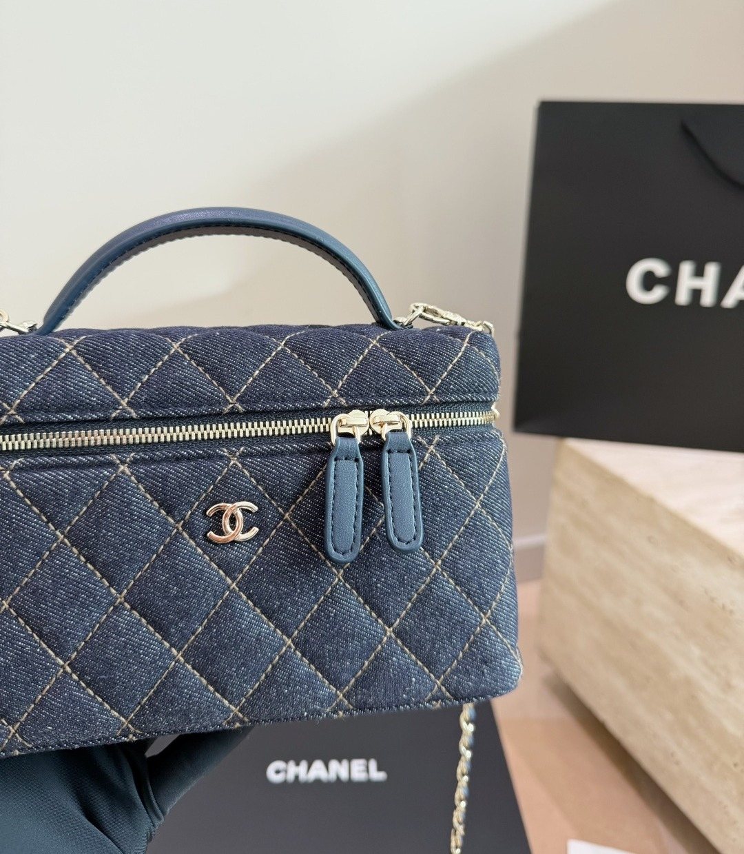 Chanel Diamond-Quilted Top Handle Vanity Bag — detail