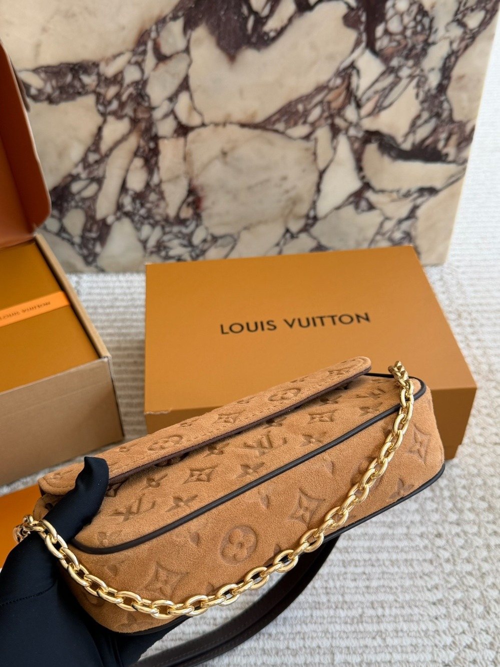 Louis Vuitton Tan Embossed Baguette Shoulder Bag — detail