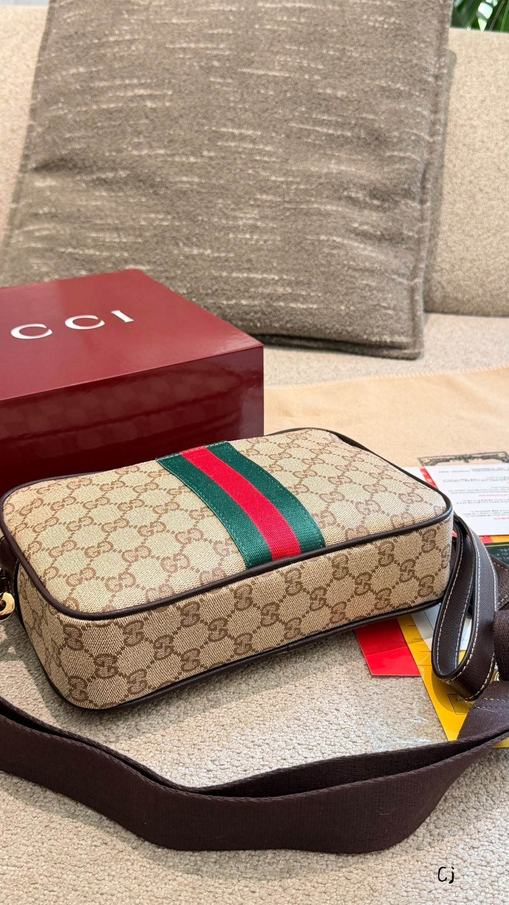 Gucci Monogram Red-Green Stripe Crossbody Bag — side