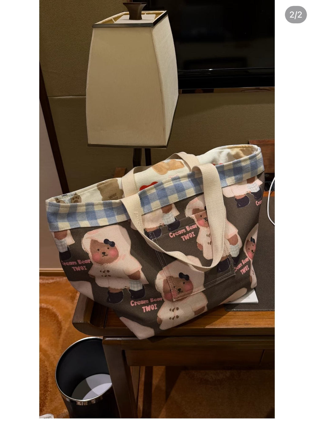 TWOI Bear-Print Checked-Trim Tote Bag — detail