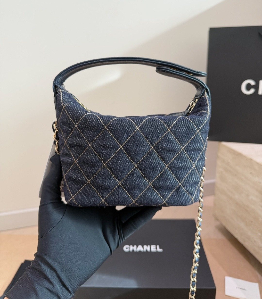 Chanel Diamond-Quilted Denim Top-Handle Bag — back