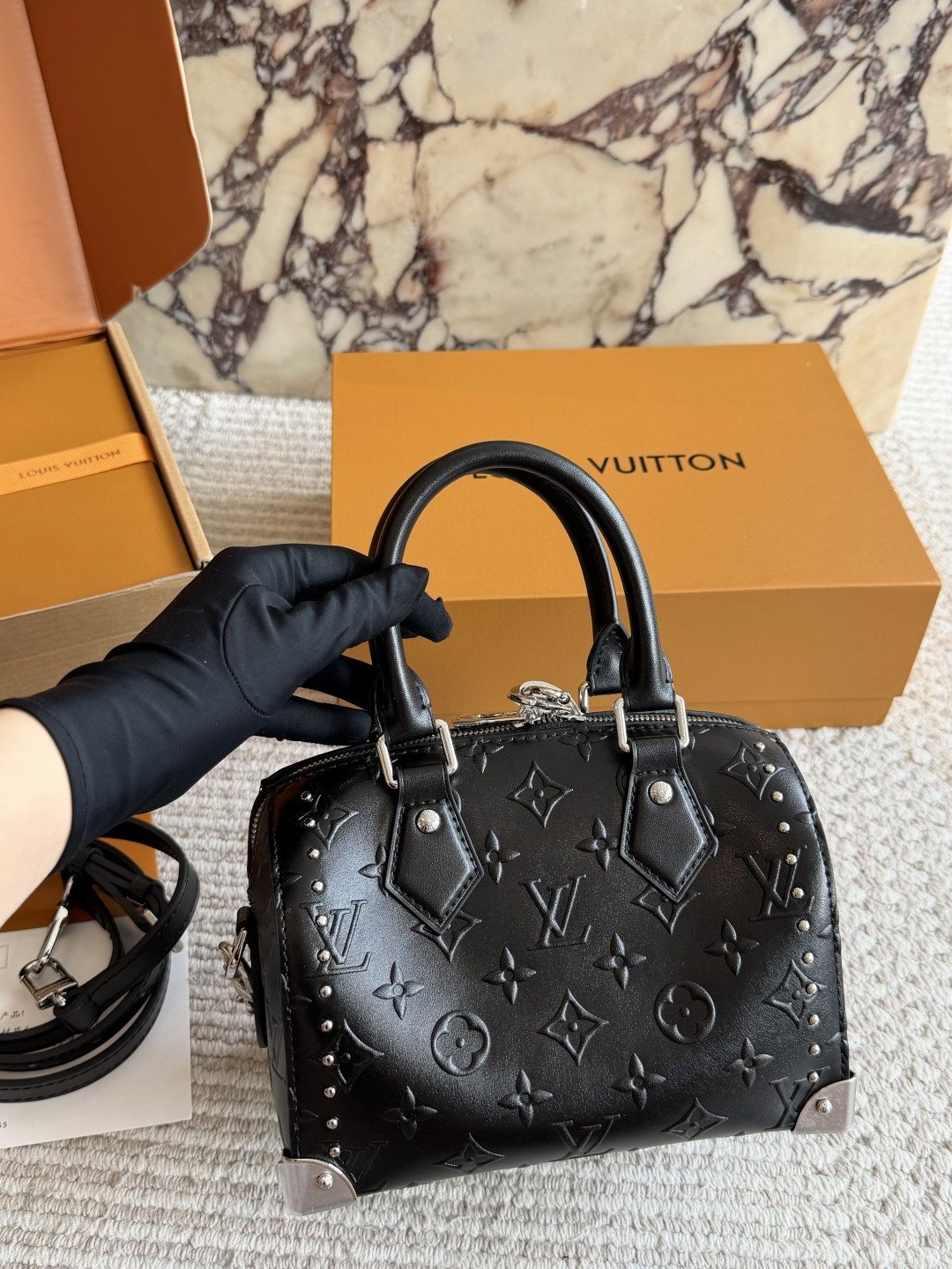 Louis Vuitton Nano Speedy Black Embossed Monogram Bag — back