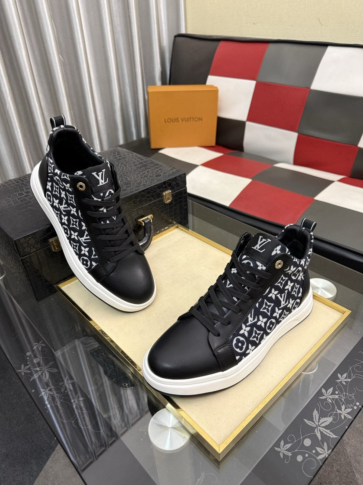Louis Vuitton Patterned Panel High-Top Sneakers — front