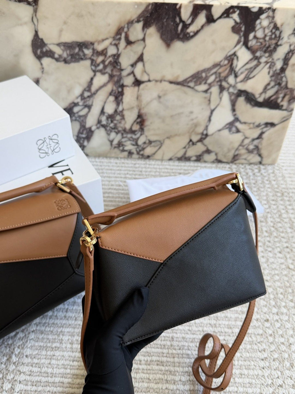 Loewe Puzzle Tan and Black Top-Handle Bag — back