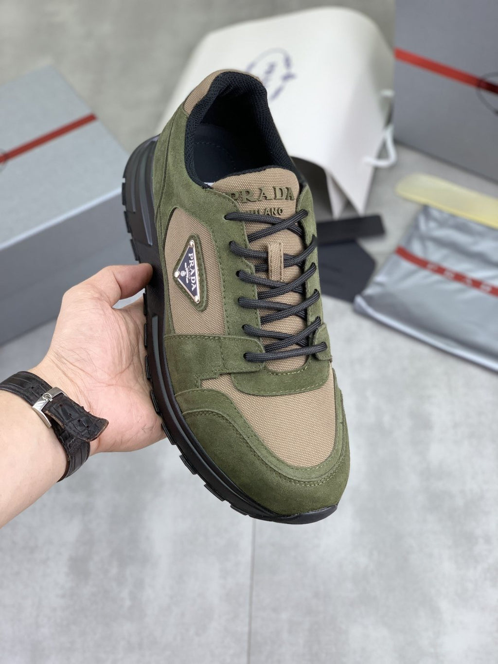 Prada Gray Paneled Men's Sneakers — model