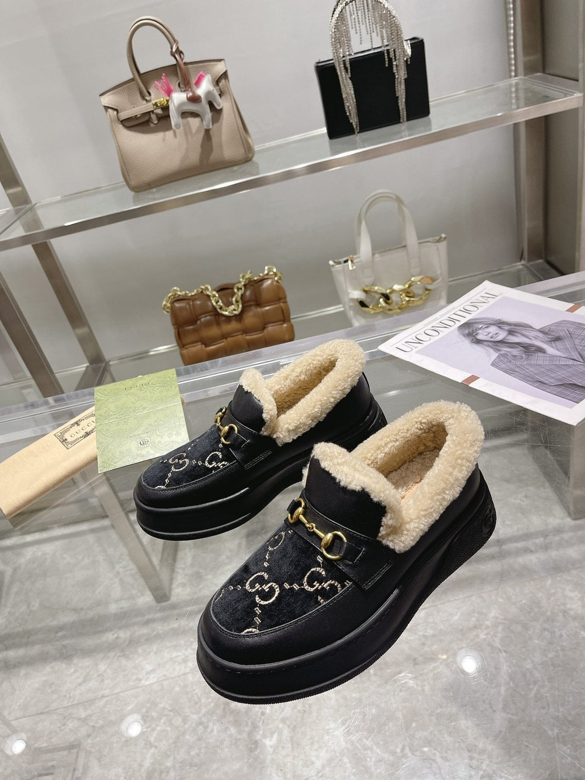 Gucci Patterned Plush-Lined Platform Slip-On Shoes — front