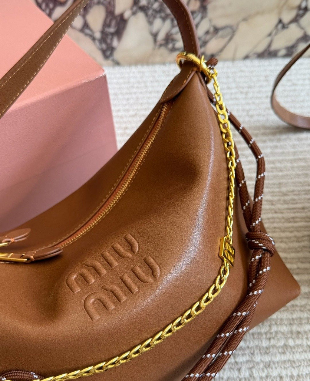 Miu Miu Draped Chain Leather Shoulder Bag — detail
