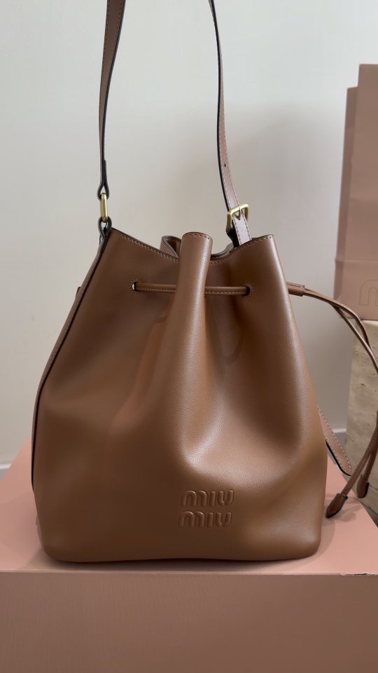 Miu Miu Smooth Leather Drawstring Bucket Bag — front