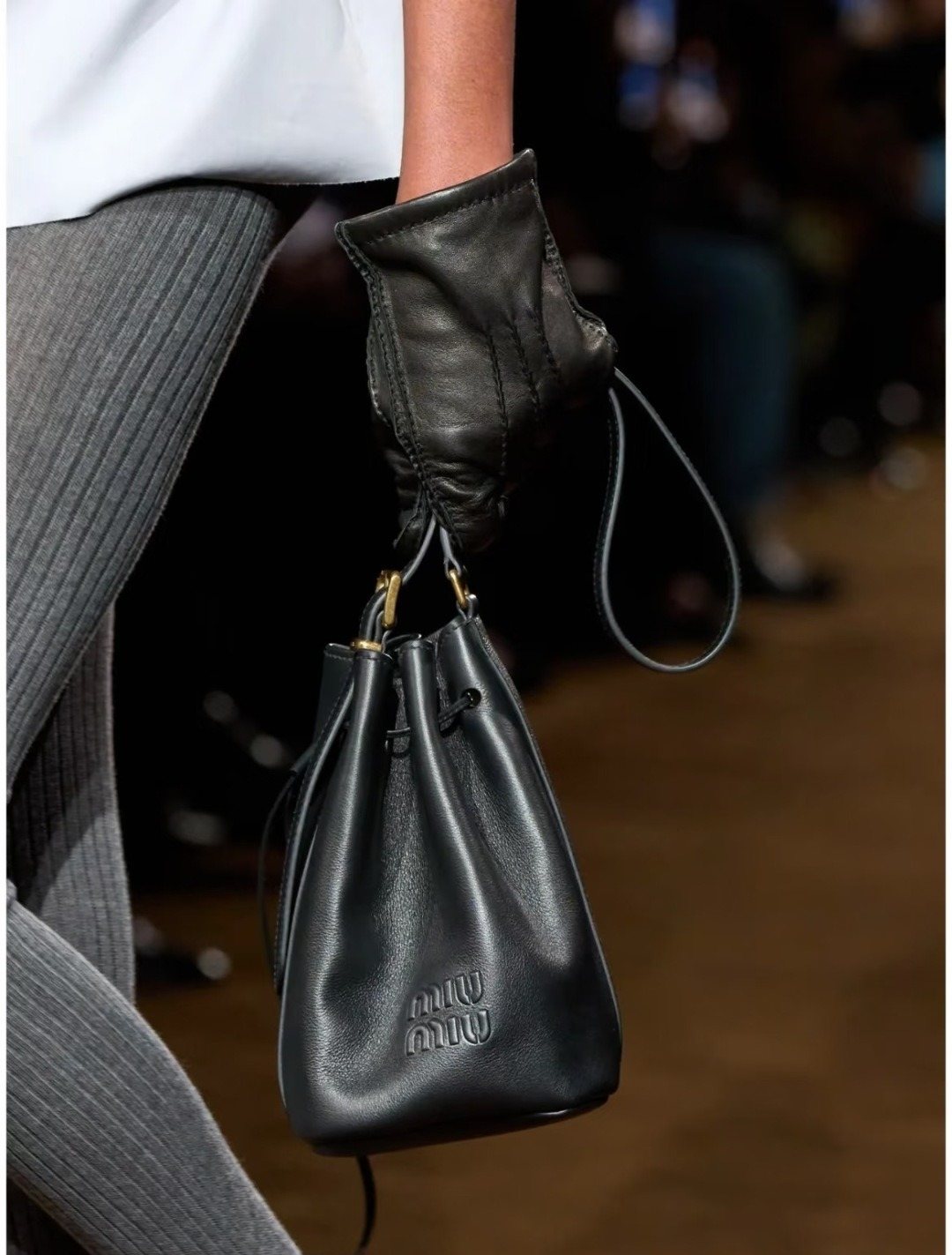Miu Miu Smooth Leather Drawstring Bucket Bag — model