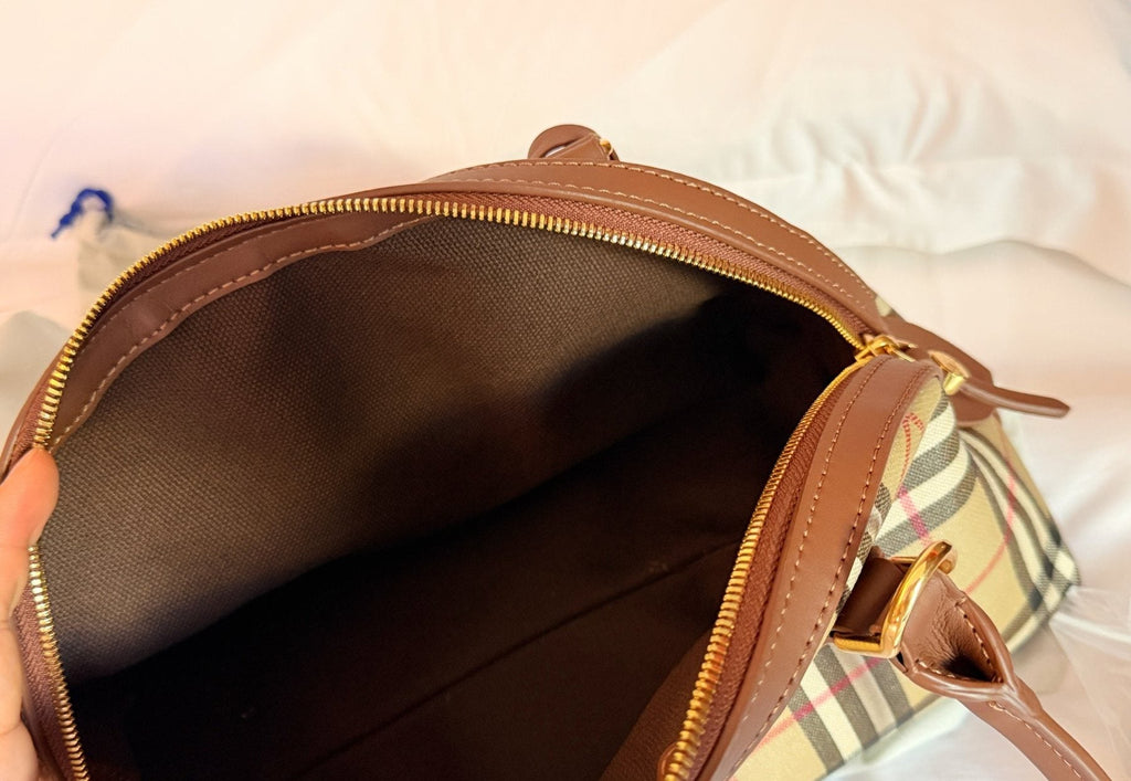 Beige Check Domed Top-Handle Bag with Brown Trim — detail